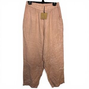 NWT Beyond Capri Pink Linen Pants Womens Floral Embroidered Pull On Resortwear